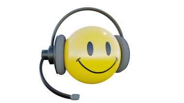 Kulaklık takan neşeli bir 3D emoji, müziği, iletişimi ve müşteri hizmetlerini sembolize ediyor. Sarı gülen surat arkadaşlığı ve pozitifliği ifade eder. Destek ve zevki göstermek için mükemmeldir..