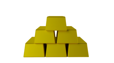 Piramit şeklinde dizilmiş sarı altın külçelerin ön görüntüsü. Temiz ve basit tasarım, çeşitli finansal grafikler için uygun olan zenginlik ve mali istikrar kavramını vurgular..