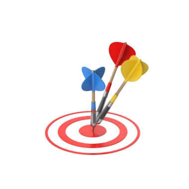 Üç renkli dart, kırmızı, mavi ve sarı, kırmızı bir hedefin merkezine isabet ediyor. Görüntü takım çalışmasını, başarıyı ve hedeflere ulaşmayı betimliyor. İşbirliği ve hassasiyet temaları için ideal.
