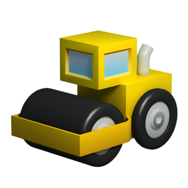 Çizgi film tarzı sarı buldozer, büyük bir bıçak ve siyah izler. İnşaat, mühendislik ve ağır makine temalı projeler için ideal.