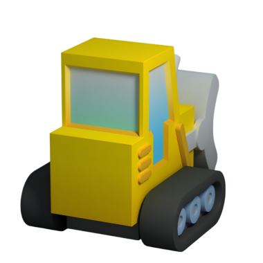 Çizgi film tarzı sarı buldozer, büyük bir bıçak ve siyah izler. İnşaat, mühendislik ve ağır makine temalı projeler için ideal.