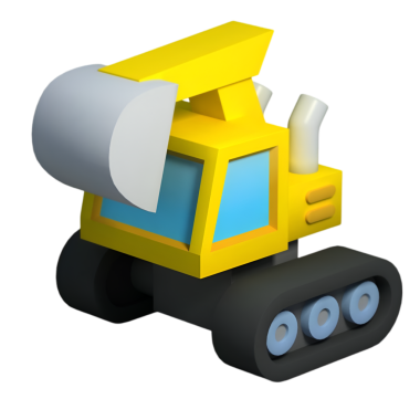 Çizgi film tarzı sarı bir kazıcının önü. Büyük bir kova ve siyah izler. İnşaat, mühendislik ve ağır makine temalı projeler için mükemmel..