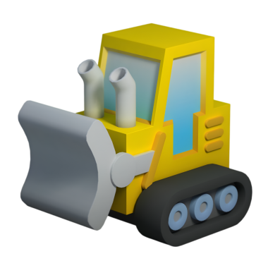 Renkli, karikatür tarzı bir buldozer. Elinde kürek, oyuncu ve eğitici amaçlar için tasarlanmış..