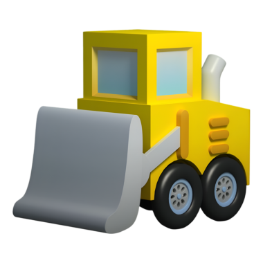 Çizgi film tarzı sarı buldozer, büyük bir bıçak ve siyah izler. İnşaat, mühendislik ve ağır makine temalı çizimler için ideal.