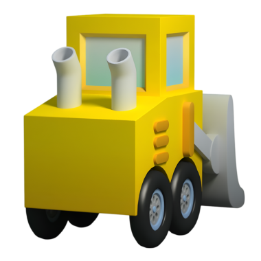 Üç boyutlu sarı oyuncak buldozer, iki egzoz borusu ve büyük tekerlekleri var. Çocuk oyunu ve eğitim amaçlı..