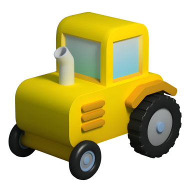 Üç boyutlu, kompakt dizaynlı sarı oyuncak traktör, tek egzoz borusu ve büyük arka tekerlekler, çocukların çiftlik temalı oyun ve öğrenimi için ideal..