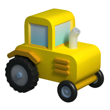Arkadan çekilen üç boyutlu sarı oyuncak traktörü, geniş arka tekerleklerini ve çocukların yaratıcı çiftlik oyunları ve eğitimi için uygun sağlam tasarımını sergiliyor..