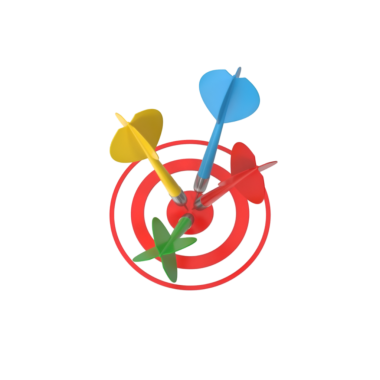 Üç renkli dart, kırmızı, mavi ve sarı, kırmızı bir hedefin merkezine isabet ediyor. Görüntü takım çalışmasını, başarıyı ve hedeflere ulaşmayı betimliyor. İşbirliği ve hassasiyet temaları için ideal.
