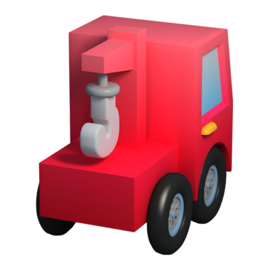 Arkadan görülen 3 boyutlu kırmızı oyuncak çekici, geniş arka tekerlekleri ve çocukların yaratıcı oyunları ve araç temalı aktiviteleri için uygun belirgin kancasını sergiliyor..
