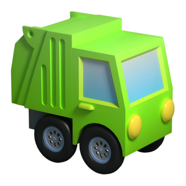 Arkadan görülen üç boyutlu yeşil oyuncak çöp kamyonu, geniş arka tekerlerini ve kompakt tasarımını sergiliyor, çocukların yaratıcı oyunlarına ve araç temalı aktivitelerine uygun..