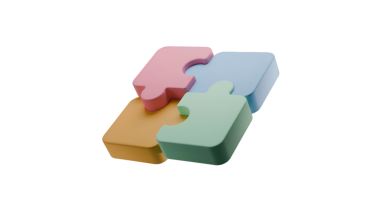 Dört renkli yapboz parçasının üç boyutlu bir çizimi, problem çözme ve takım çalışmasını sembolize ediyor, eğitim ve iş bağlamları için ideal..