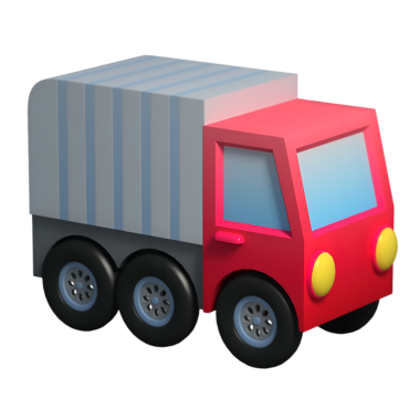 Üç boyutlu, çizgili kargo alanı ve büyük tekerlekleri olan, çocuk araç temalı oyun ve öğrenme aktiviteleri için ideal, yandan görülen kırmızı oyuncak kamyonu..