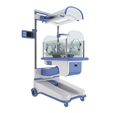 Yenidoğan bakımında kullanılan üstten lambayla modern bir bebek kuvözünün detaylı görüntüsü. Bebek bakımı için gelişmiş tıbbi ekipmanları göstermek için mükemmel..