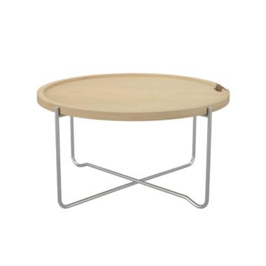 Yuvarlak bir sehpa, ahşap bir üst ve metal bir çerçeve. Modern ve endüstriyel iç mekanlar için idealdir, oturma odaları veya ofislere şık ve işlevsel bir dokunuş eklenir.