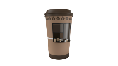 Büyük bir kahve fincanı şeklindeki yapıda ve içinde çeşitli içecekler bulunan bir pencere var..