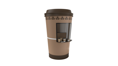 Vitrininde içecekler olan stilize bir kahve fincanı..