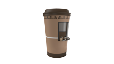 Pencereli büyük bir kahve fincanı ve içkileri gösteren küçük bir raf..