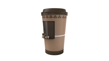 Benzersiz bir tasarımı olan stilize bir kahve fincanı, içecekler için küçük bir dağıtıcı içeriyor..