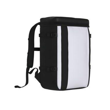 Ürünleri güvenli bir şekilde taşımak için tasarlanmış parlak siyah beyaz bir sırt çantası..