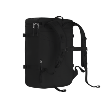 Seyahat ve günlük kullanım için tasarlanmış, birden fazla bölmesi ve ayarlanabilir kayışları olan parlak siyah bir sırt çantası..