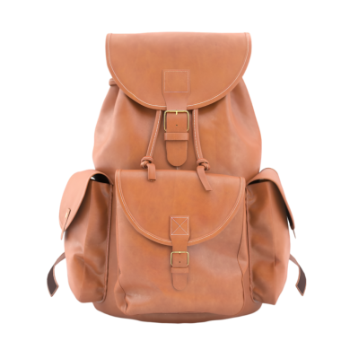 Birden fazla cebi olan, seyahat ve günlük kullanım için uygun şık kahverengi bir sırt çantası..