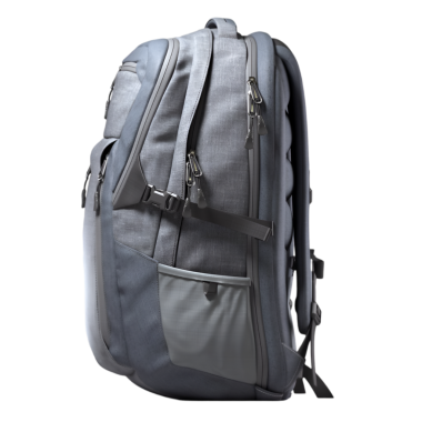 Seyahat ve günlük kullanım için tasarlanmış parlak gri bir sırt çantası..