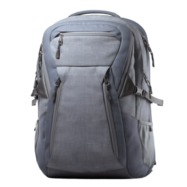 Seyahat ve günlük kullanım için tasarlanmış, birden fazla bölmesi ve parlak bir tasarımı olan modern gri bir sırt çantası..