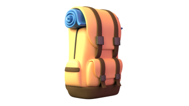 Yuvarlak uyku paspası olan stilize bir sırt çantası, açık hava maceraları ve seyahat için ideal..