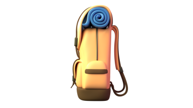 Kamp ve açık hava maceraları için ideal kıvrılmış uyku paspası olan renkli bir sırt çantası..