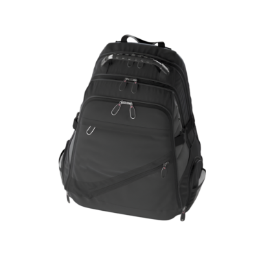 Depolama ve taşınabilirlik için tasarlanmış parlak siyah bir sırt çantası..