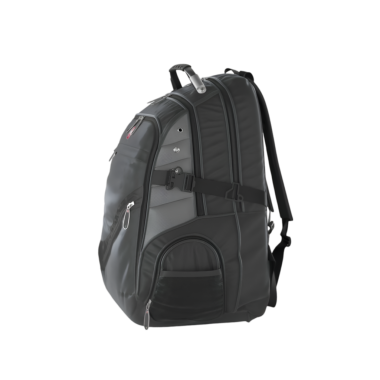 Laptopları ve kişisel eşyaları taşımak için tasarlanmış parlak siyah bir sırt çantası..