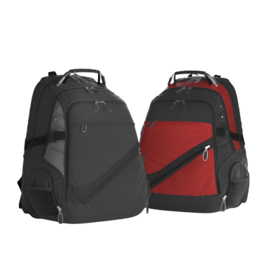 İki tane siyah ve kırmızı sırt çantası, seyahat ve günlük kullanım için tasarlanmış, birden fazla bölmesi var..