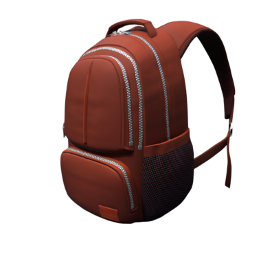 Birden fazla kompartımanı ve fermuarı olan modern kırmızı bir sırt çantası, kolaylık ve tarz için tasarlanmış..