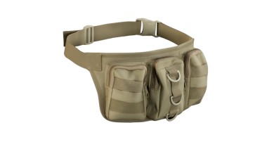 Teçhizat ve gerekli şeyleri taşımak için tasarlanmış, birden fazla cebi ve emniyet kemeri olan taktiksel bir bel çantası..