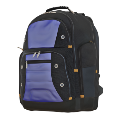 Mavi ve siyah bir sırt çantasının bu kenar görüntüsü ergonomik dizaynını ve çoklu kompartmanlarını gösteriyor, günlük seyahat ve kentsel kullanım için mükemmel.