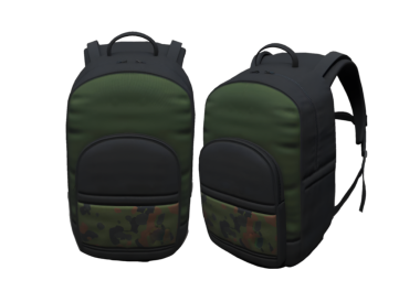 Kamuflaj tasarımı ve parlak siyah aksanlı bir çift şık sırt çantası..