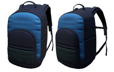 Seyahat ve günlük kullanım için tasarlanmış mavi ve koyu renkli bir çift modern sırt çantası..