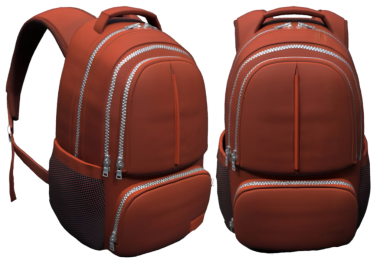 Organizasyon ve kolaylık için birden fazla fermuarlı kompartıman içeren modern kırmızı bir sırt çantası.