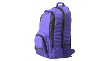 Kitapları ve kişisel eşyaları taşımak için tasarlanmış mor bir sırt çantası..