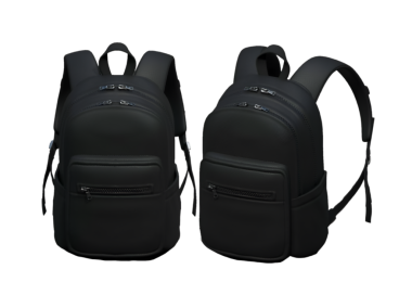 Günlük kullanım ve seyahat kolaylığı için tasarlanmış fermuarlı iki parlak siyah sırt çantası..