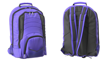 Okul veya seyahat için uygun parlak bir tasarımı gösteren mor ve siyah bir sırt çantası..