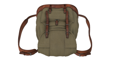 Deri kayışlı yeşil bir sırt çantası. Açık hava aktiviteleri ve seyahat için tasarlanmış..