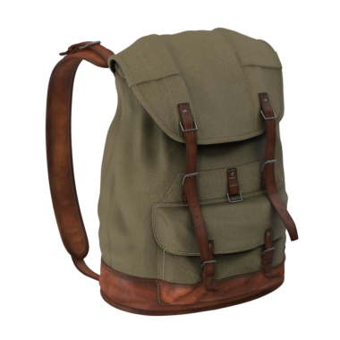 Kumaş gövde ve deri aksanlı şık bir sırt çantası, seyahat ve açık hava aktiviteleri için ideal..