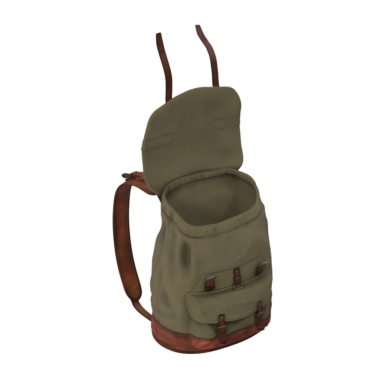 Kişisel eşyaları taşımak için tasarlanmış, ön cepleri ve kapağı olan yeşil bir sırt çantası..