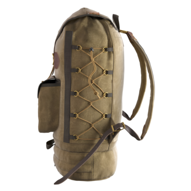 Açık hava aktiviteleri için tasarlanmış silindirik bir sırt çantası, ayarlanabilir kayışlar ve bir yan cep telefonu.