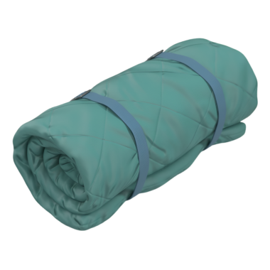 Bir deniz mavisi uyku tulumunun yan görünüşü kompakt dizaynını ve kolayca taşınabilecek kayışları gösteriyor. Yürüyüş, kamp ve açık hava gezileri için ideal..