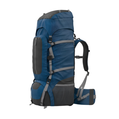 Mavi bir sırt çantasının bu kenar görüntüsü çoklu bölmeleri ve ergonomik yapısını vurguluyor. Uzun doğa yürüyüşleri ve kamp gezileri için mükemmel..