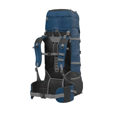 Uzun yürüyüşler ve kamp gezileri için ideal, çoklu destek kayışları ve kompartımanları içeren büyük mavi ve siyah bir sırt çantası. Kaba koşullara dayanmak için dayanıklı malzemelerle yapıldı.