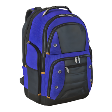 Seyahat ve günlük kullanım için tasarlanmış birçok bölmesi ve cebi olan mavi ve siyah bir sırt çantası. Ek destek için dayanıklı fermuarlar ve rahat bir arka panel içeriyor