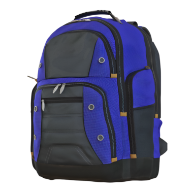 Birden fazla cebi ve fermuarı olan mavi ve siyah bir okul çantası. Öğrenciler için mükemmel. Günlük kullanım sırasında konfor için geniş depolama alanı ve yastıklı omuz kayışları sunar